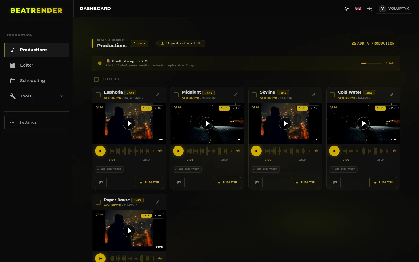 Un lote de producciones preparadas: cada beat con sus renders 16:9 y 9:16, su estado de publicación y su botón de publicar.