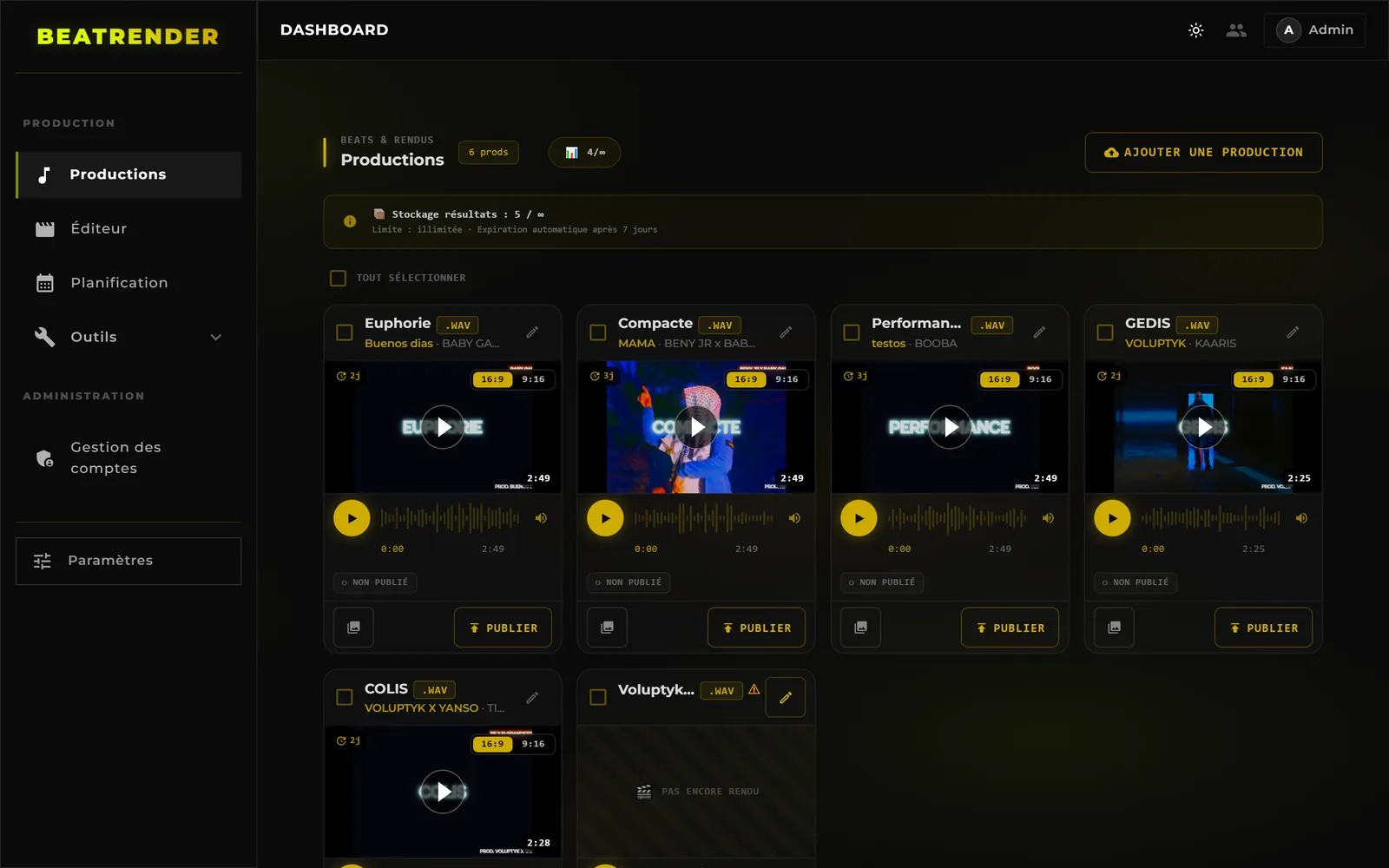 Une liste de productions préparées en lot : chaque beat avec son rendu 16:9 et 9:16, son état de publication et son bouton de publication.
