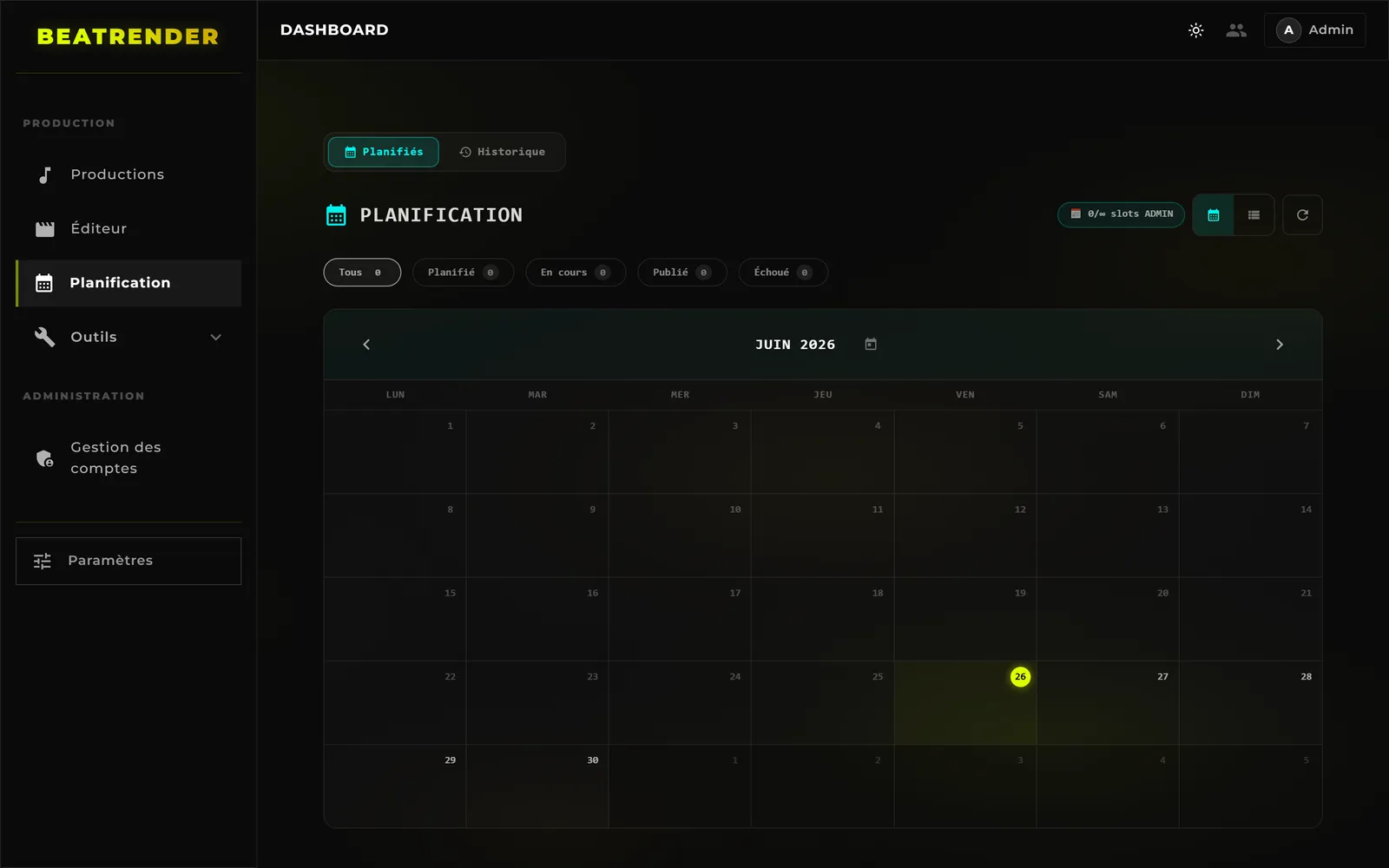 Un calendrier mensuel de publication, où chaque sortie occupe une date distincte et régulièrement espacée.